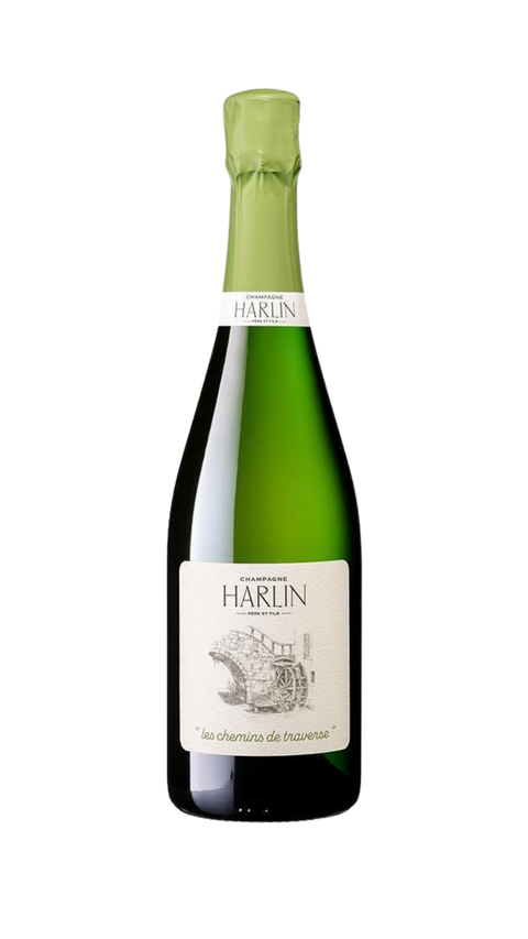 Flaske les chemins de traverse, sjælden Petit Meslier champagne fra Harlin Père et Fils, Marne-dalen