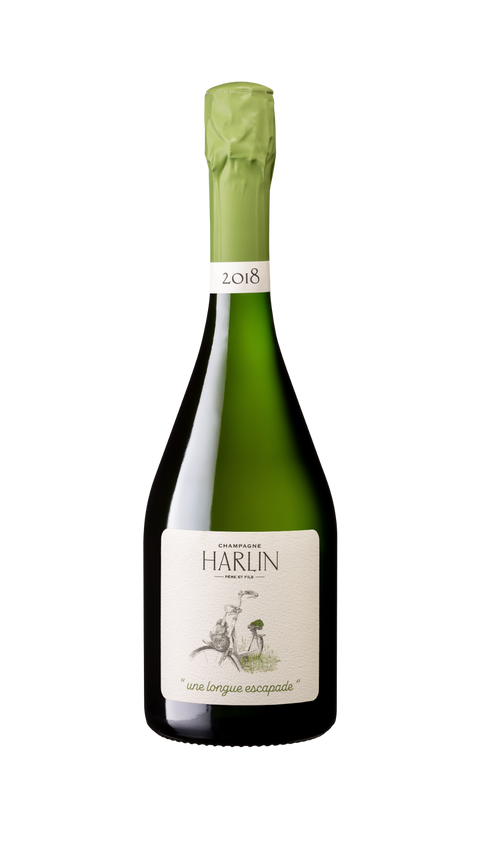 Flaske une longue escapade 2018, vintage champagne på Chardonnay og Pinot Noir fra Harlin, Mareuil-le-Port